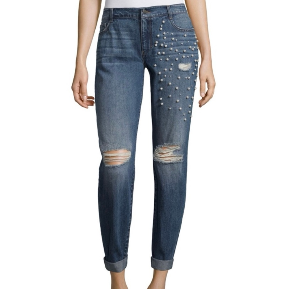 Project Runway distressed pearl detail Boyfriend jeans